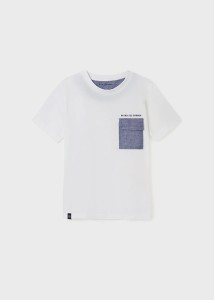T-shirt Mayoral chłopięcy z kieszonką biały niebieski 140-152 22-06001-025