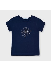 T-shirt Mayoral dziewczęcy granatowy z  kwiatem z kryształków 98-104-110-116-122-128-174-19