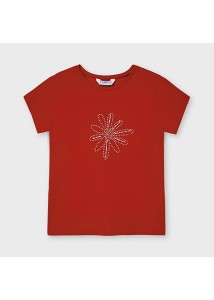 T-shirt Mayoral dziewczęcy czerwony wiśniowy  z  kwiatem z kryształków 98-104-110-116-174-18