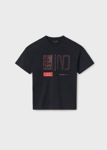 T-shirt chłopięcy Mayoral Nukutavake czarny pomarańczowy z nadrukami 152-160-25-06014-029